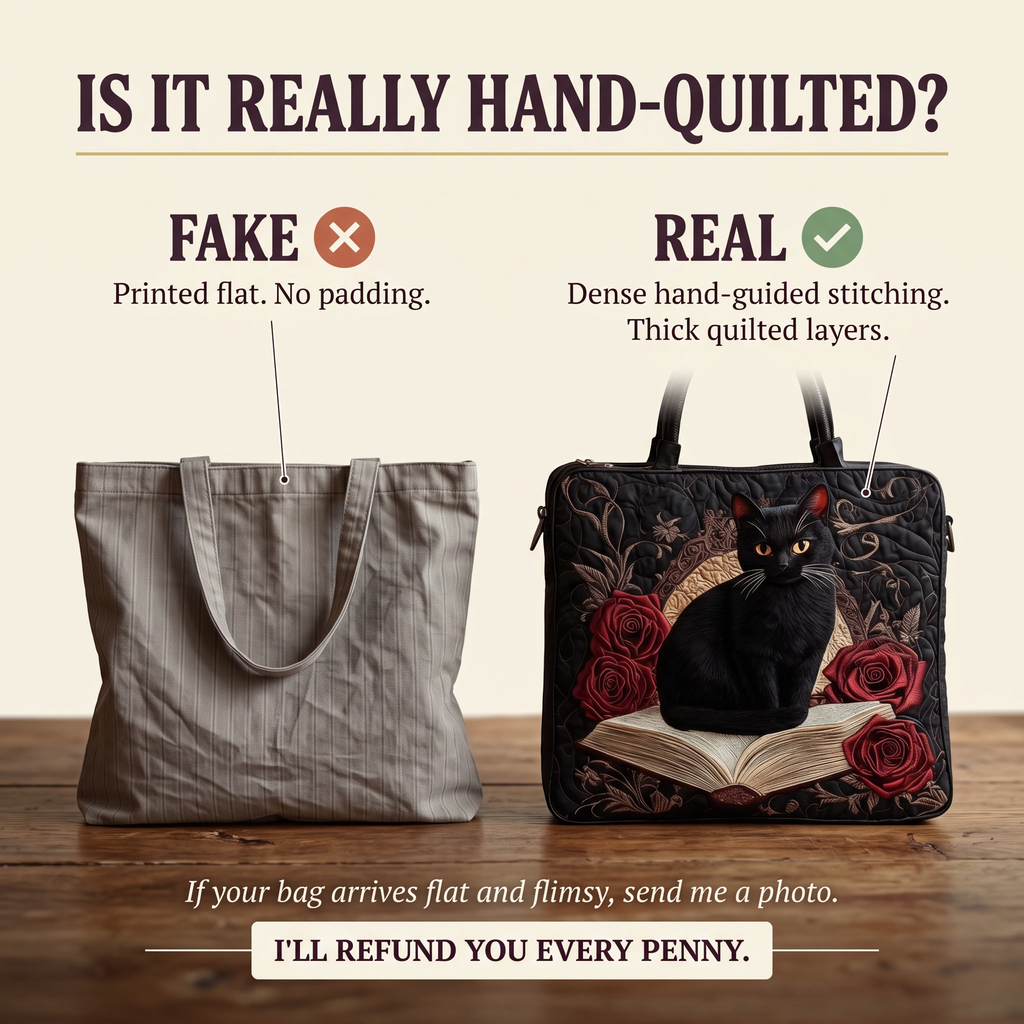 Black Cat on Books Artisan Quilted Bag
