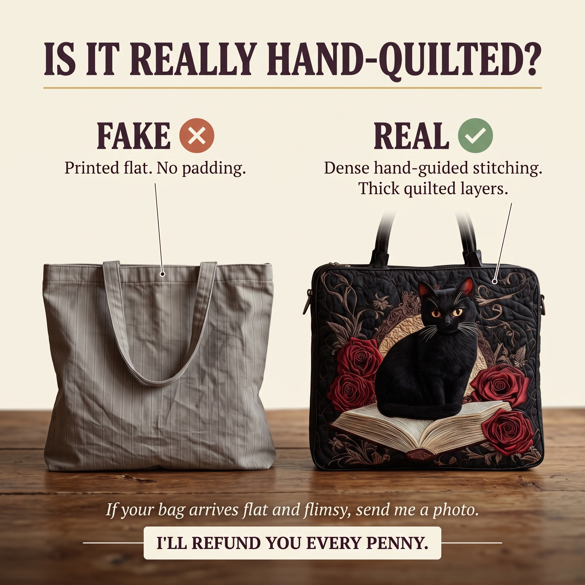 Black Cat on Books Artisan Quilted Bag