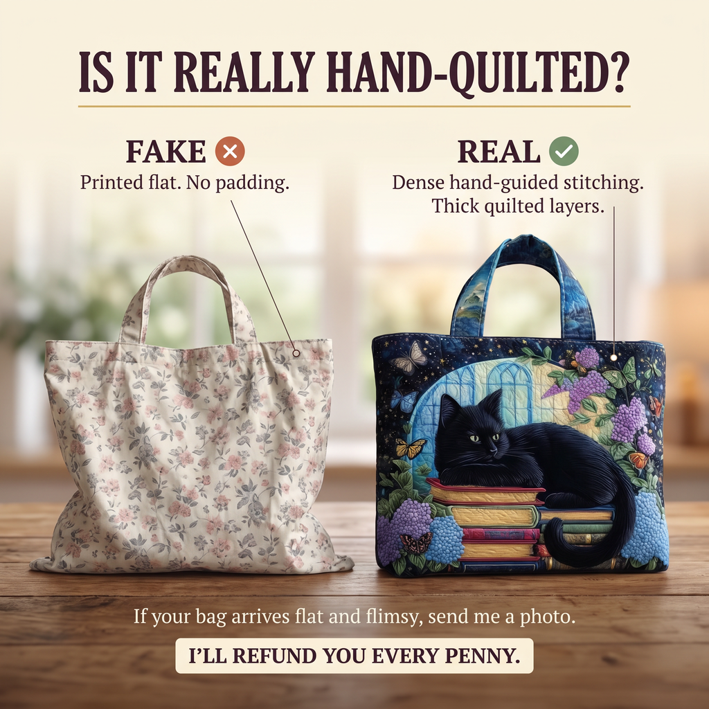 Black Cat on Books Artisan Quilted Bag