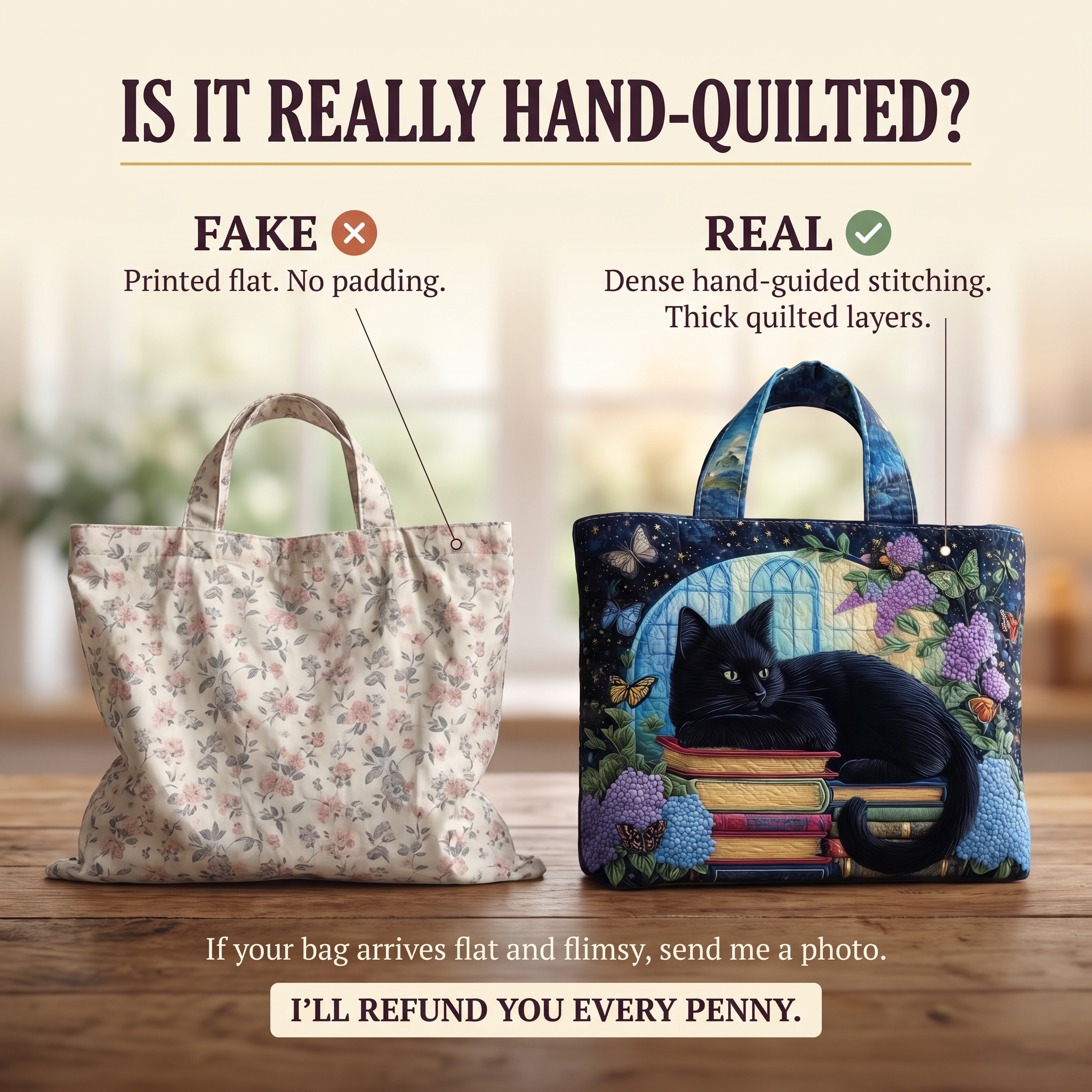 Black Cat on Books Artisan Quilted Bag