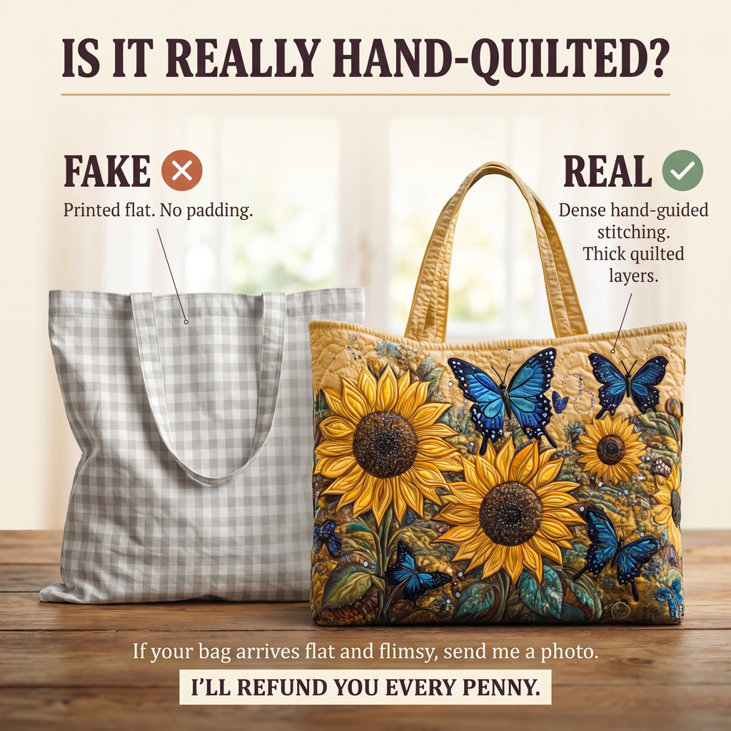 Sunflowers and Blue Butterflies Artisan Quilted Bag