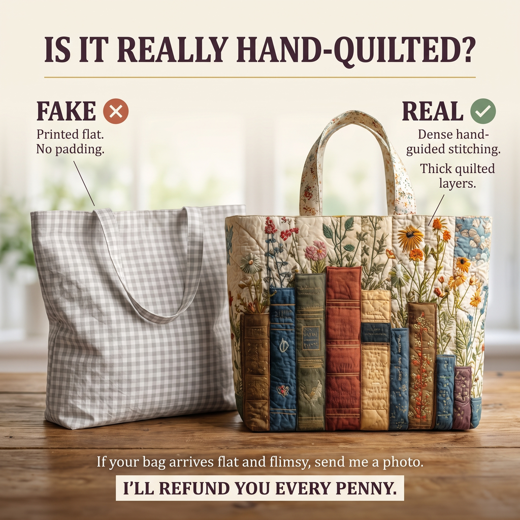 Books and Flowers Artisan Quilted Bag