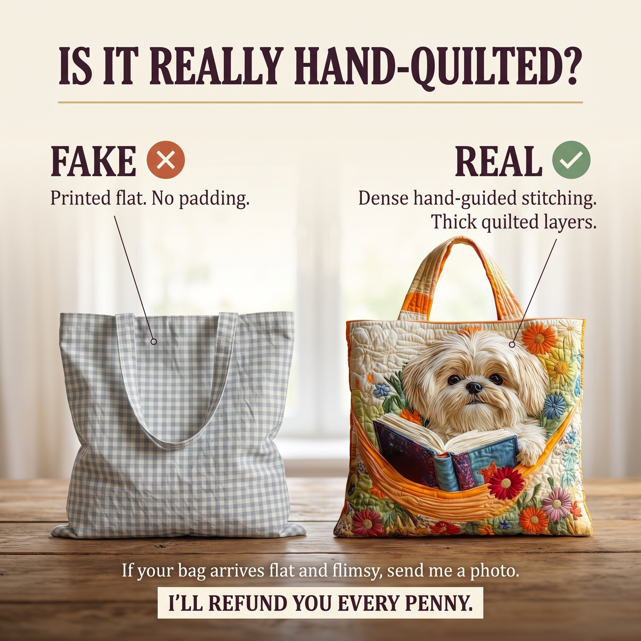 Shih Tzu with Books and Flowers Artisan Quilted Bag