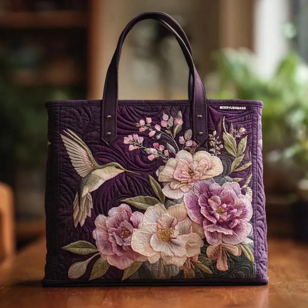 Hummingbirds and Orchids Artisan Quilted Bag