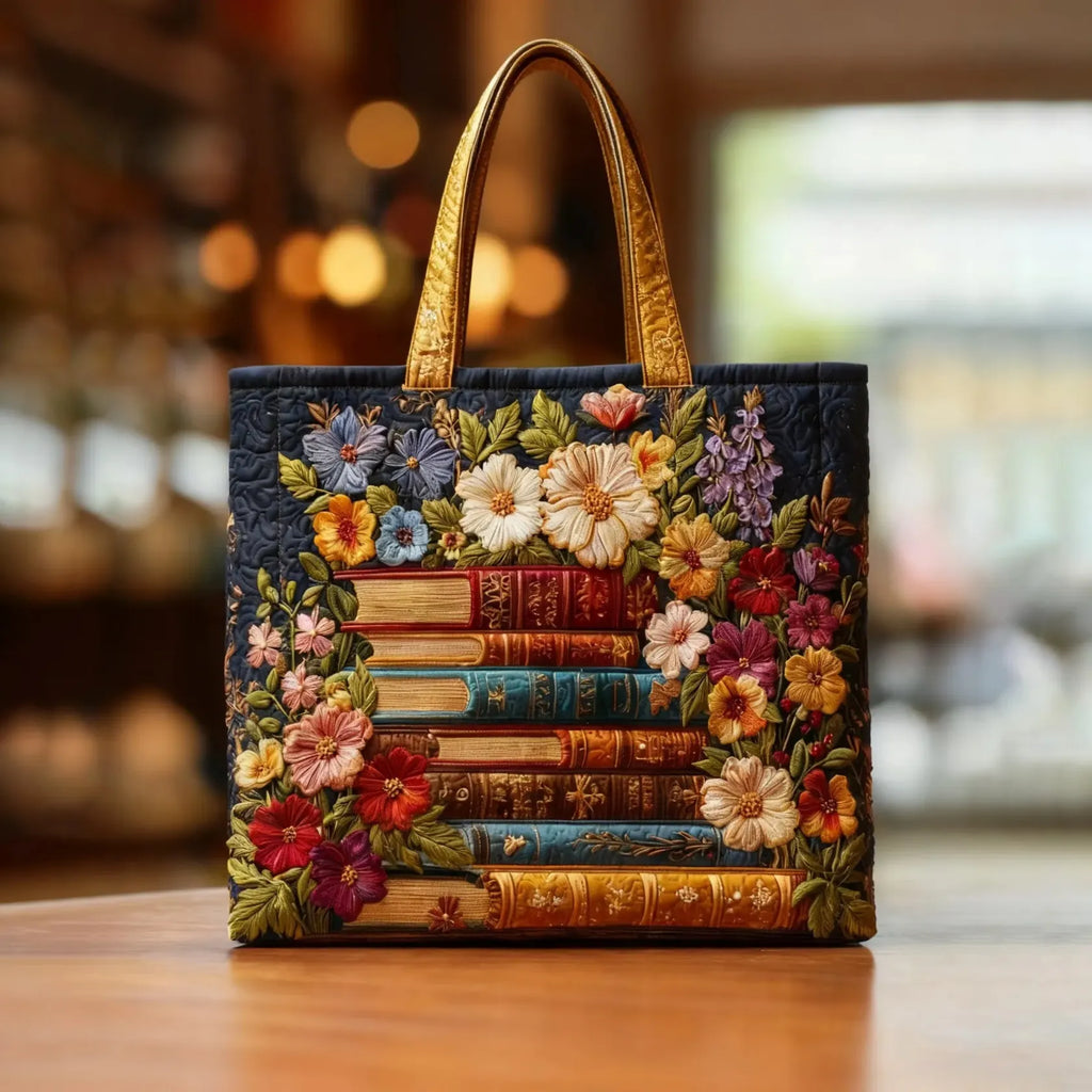 Floral Print and Books Artisan Quilted Bag