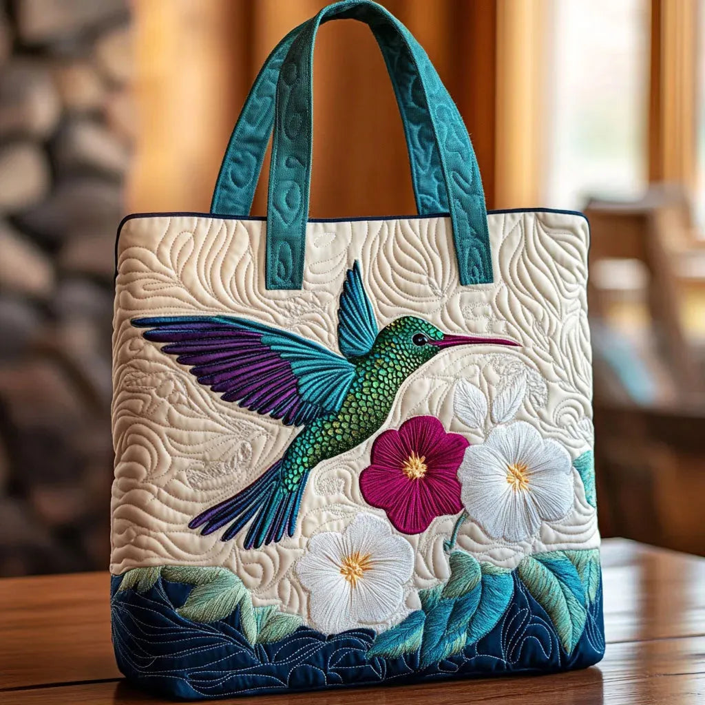 Hummingbird and White Flower Artisan Quilted Bag