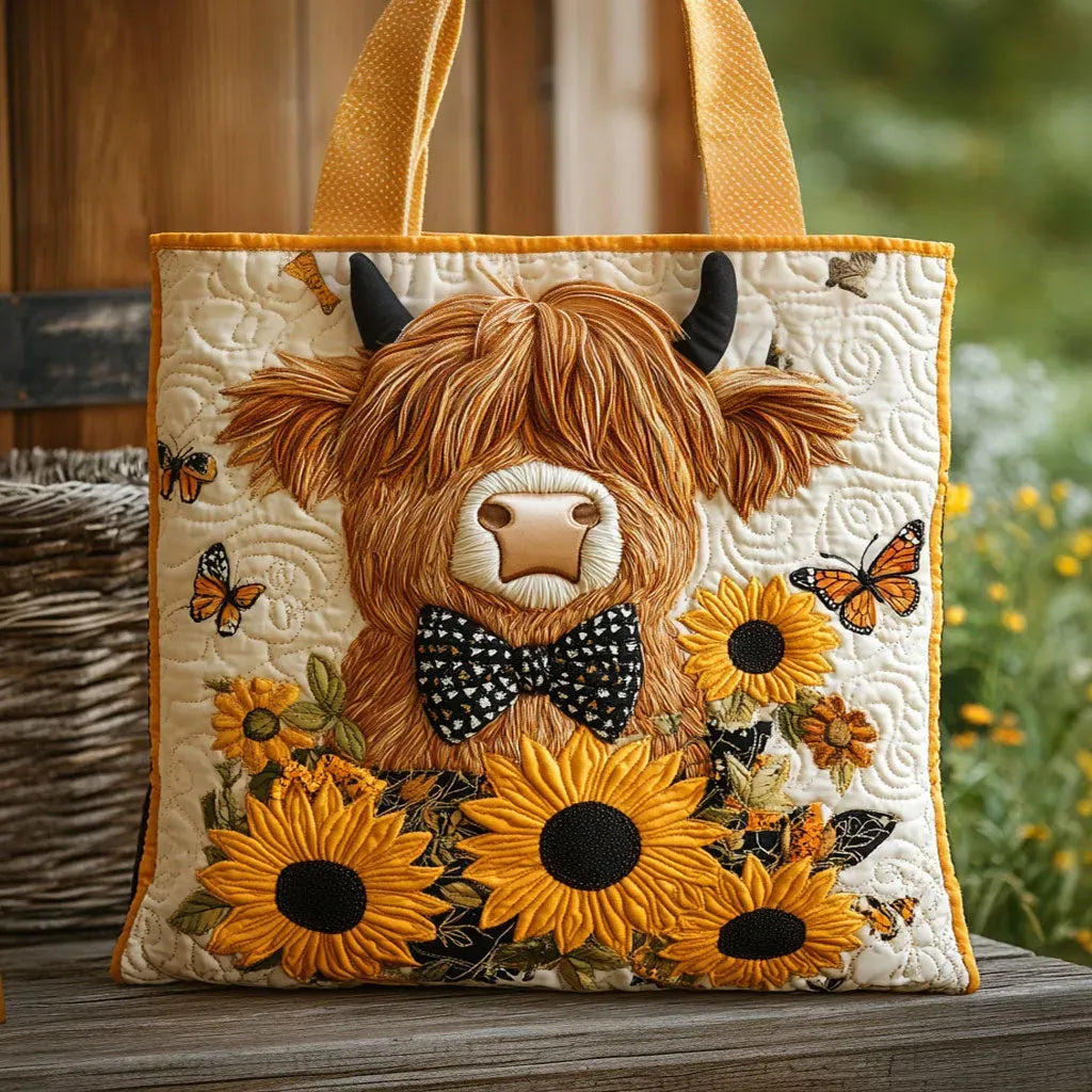 Highland Cow with Sunflowers Artisan Quilted Bag