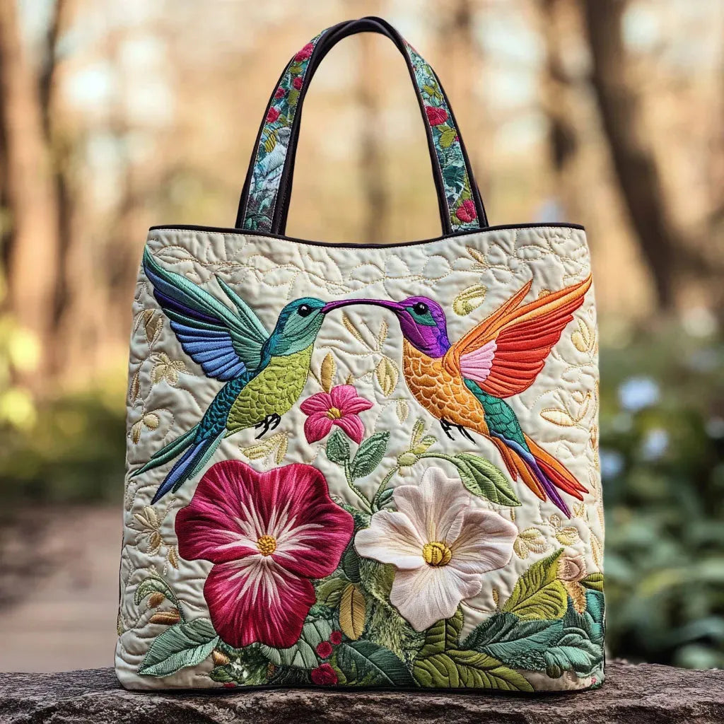 Hummingbird and White Flowers Artisan Quilted Bag