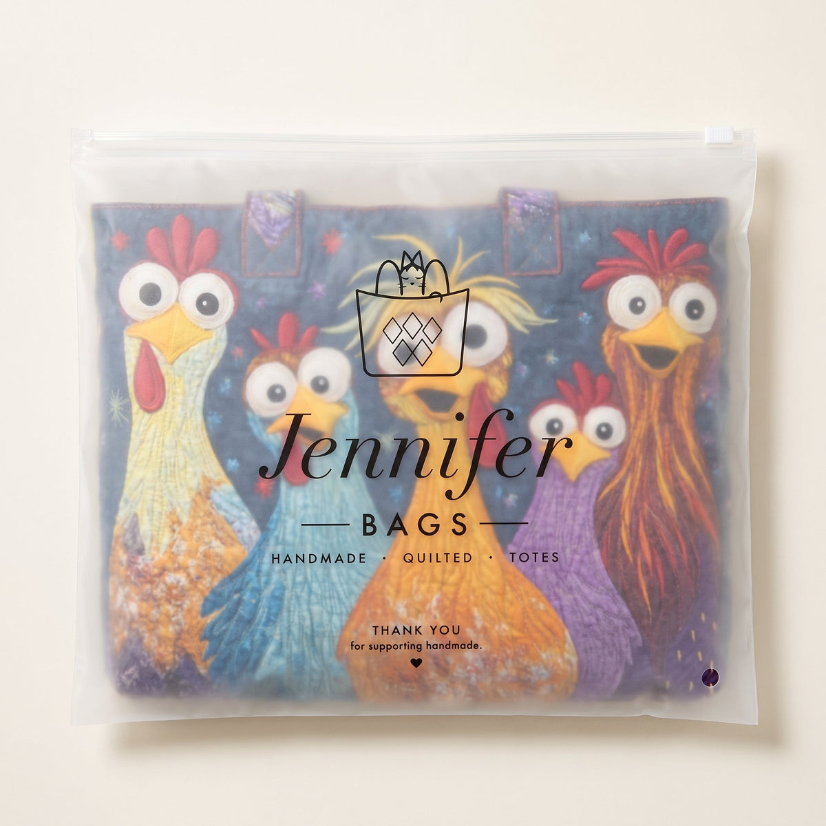 Five Colorful Chickens Artisan Quilted Bag