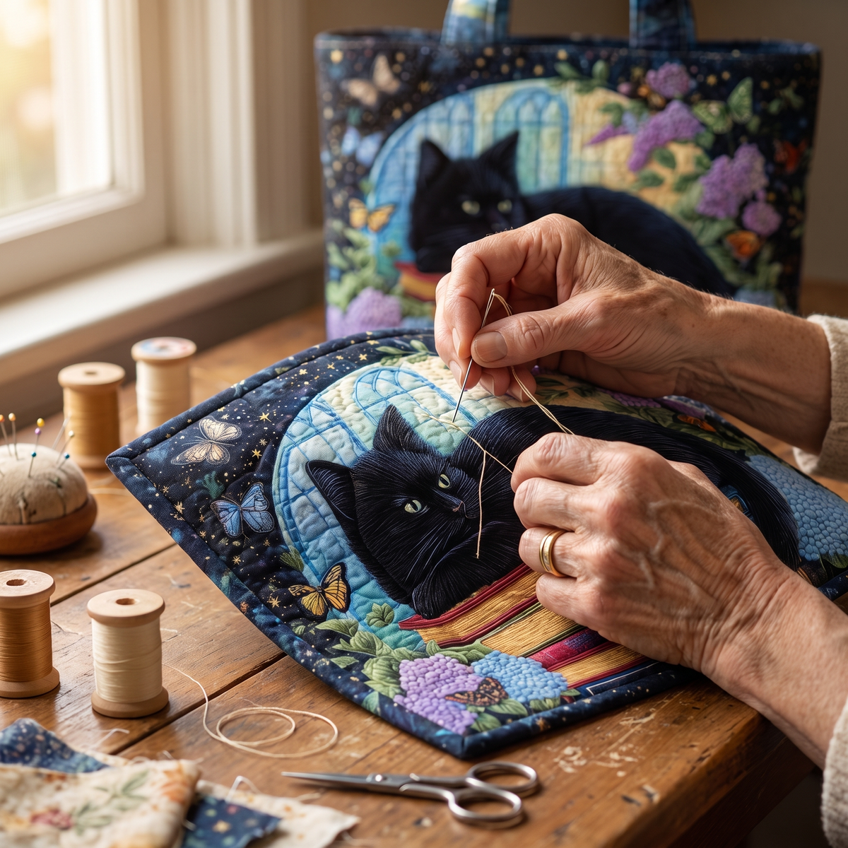 Black Cat on Books Artisan Quilted Bag