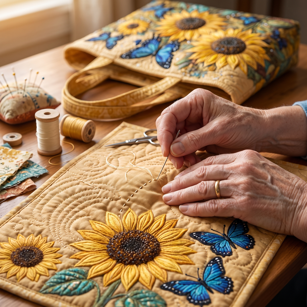 Sunflowers and Blue Butterflies Artisan Quilted Bag