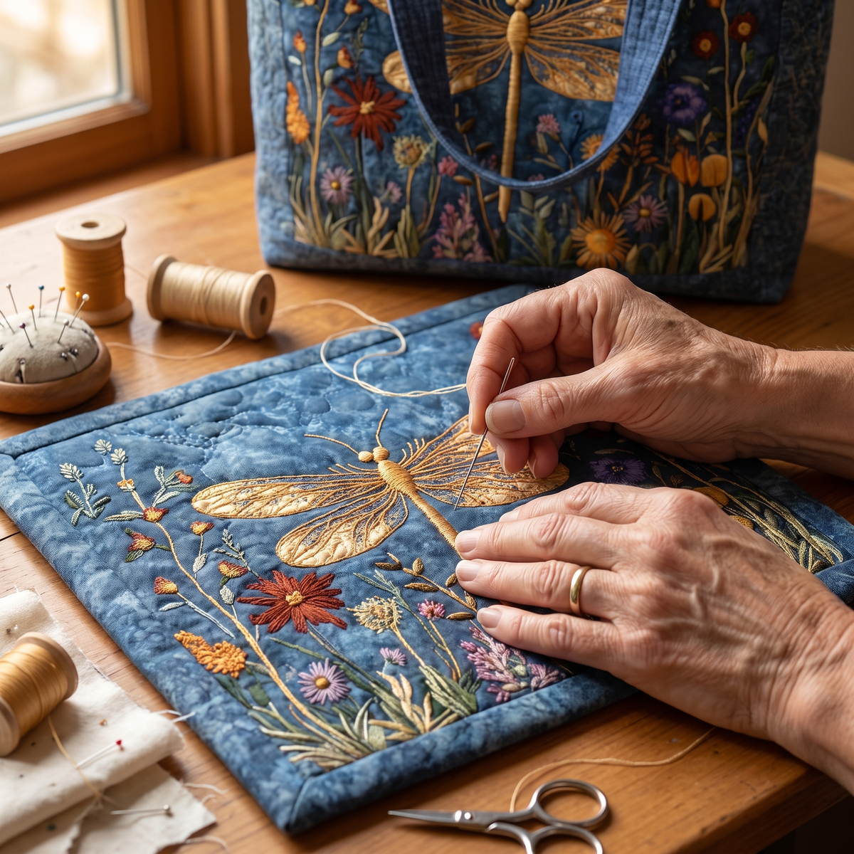 Golden Dragonfly Artisan Quilted Bag