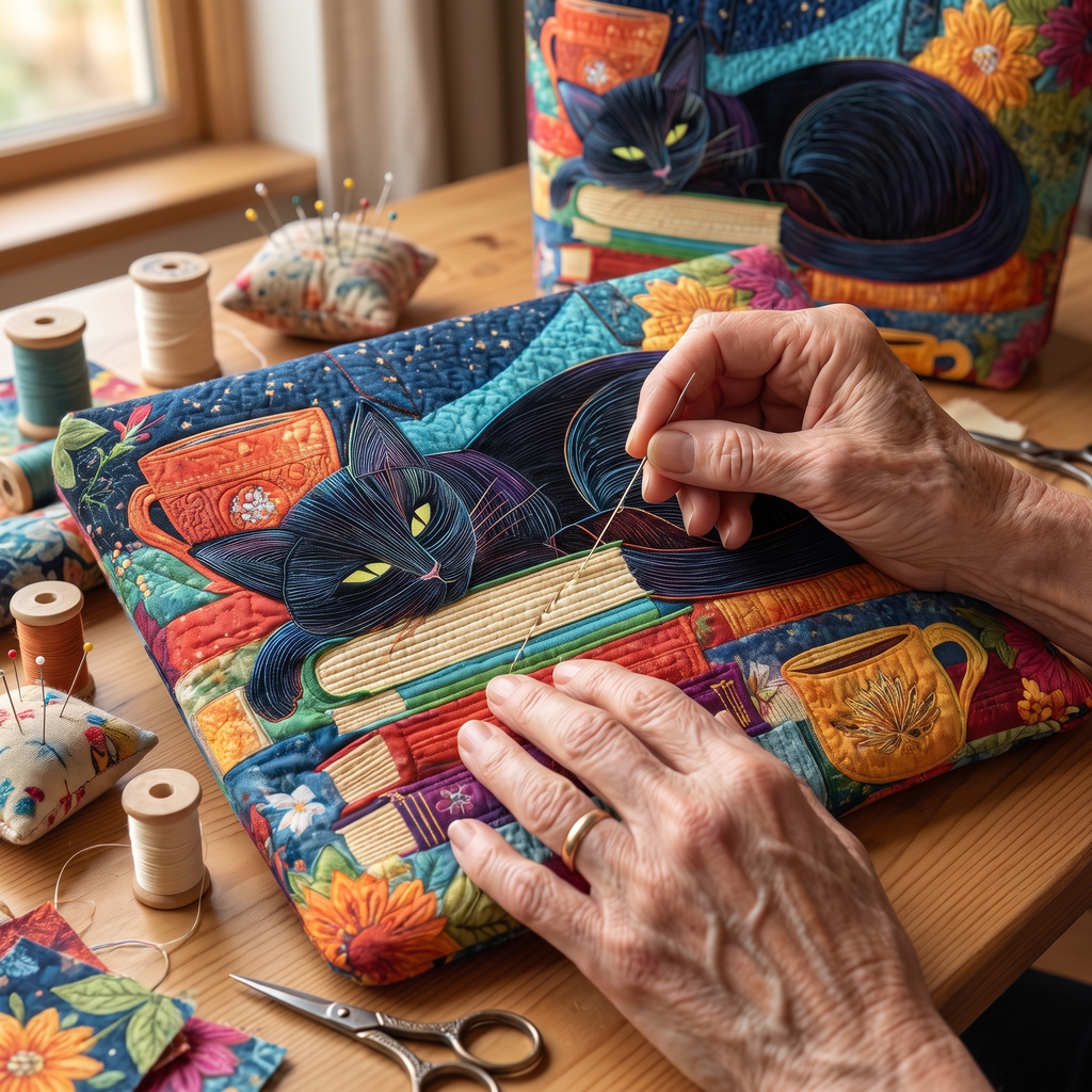 Black Cat with Books and Mugs Artisan Quilted Bag
