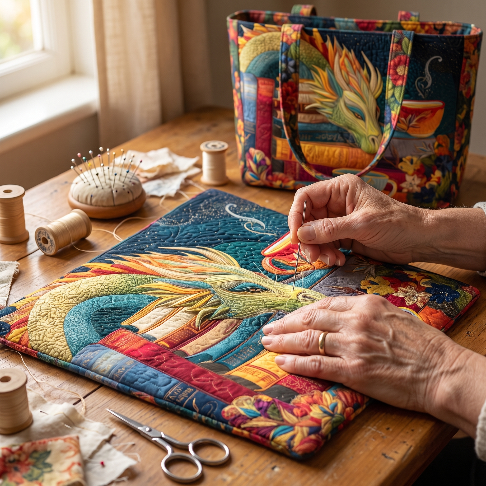Dragon Reader with Books and Mugs Artisan Quilted Bag