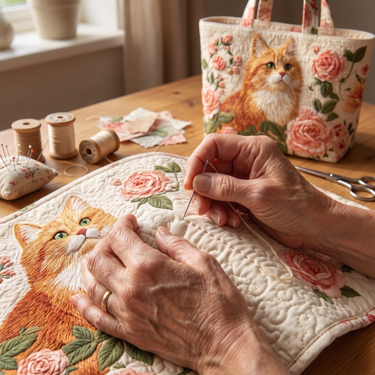 Orange Cat with Roses Artisan Quilted Bag