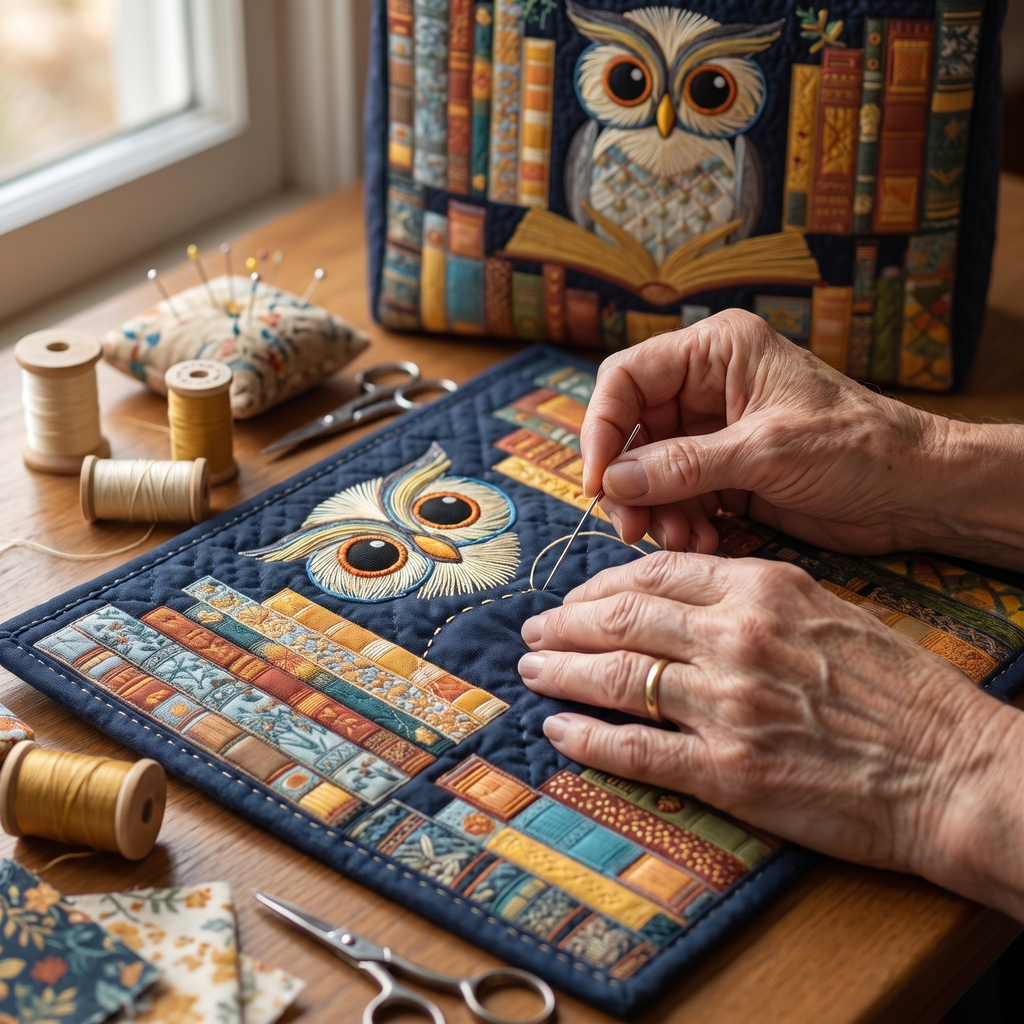 Owl and Vintage Books Artisan Quilted Bag