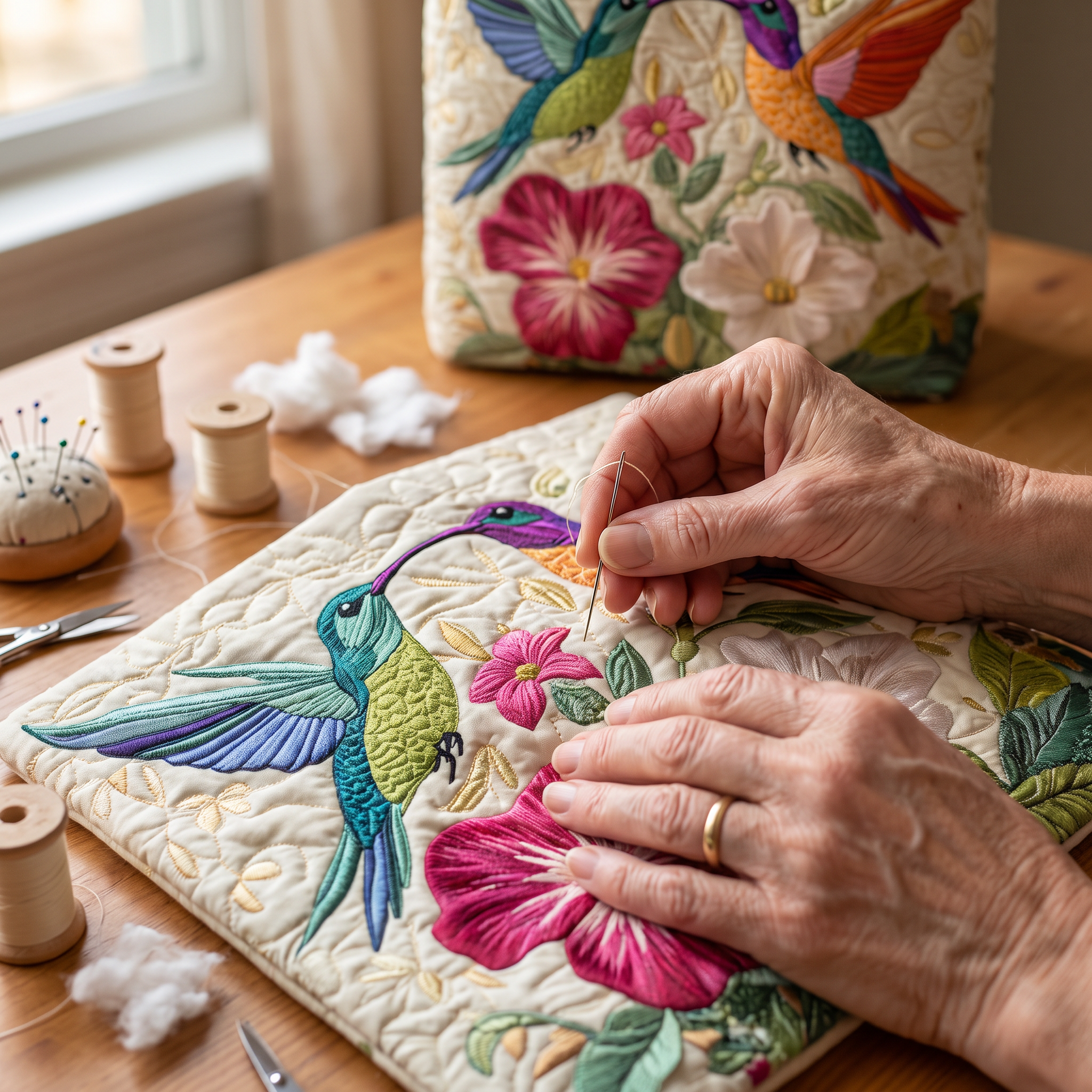 Hummingbird and White Flowers Artisan Quilted Bag