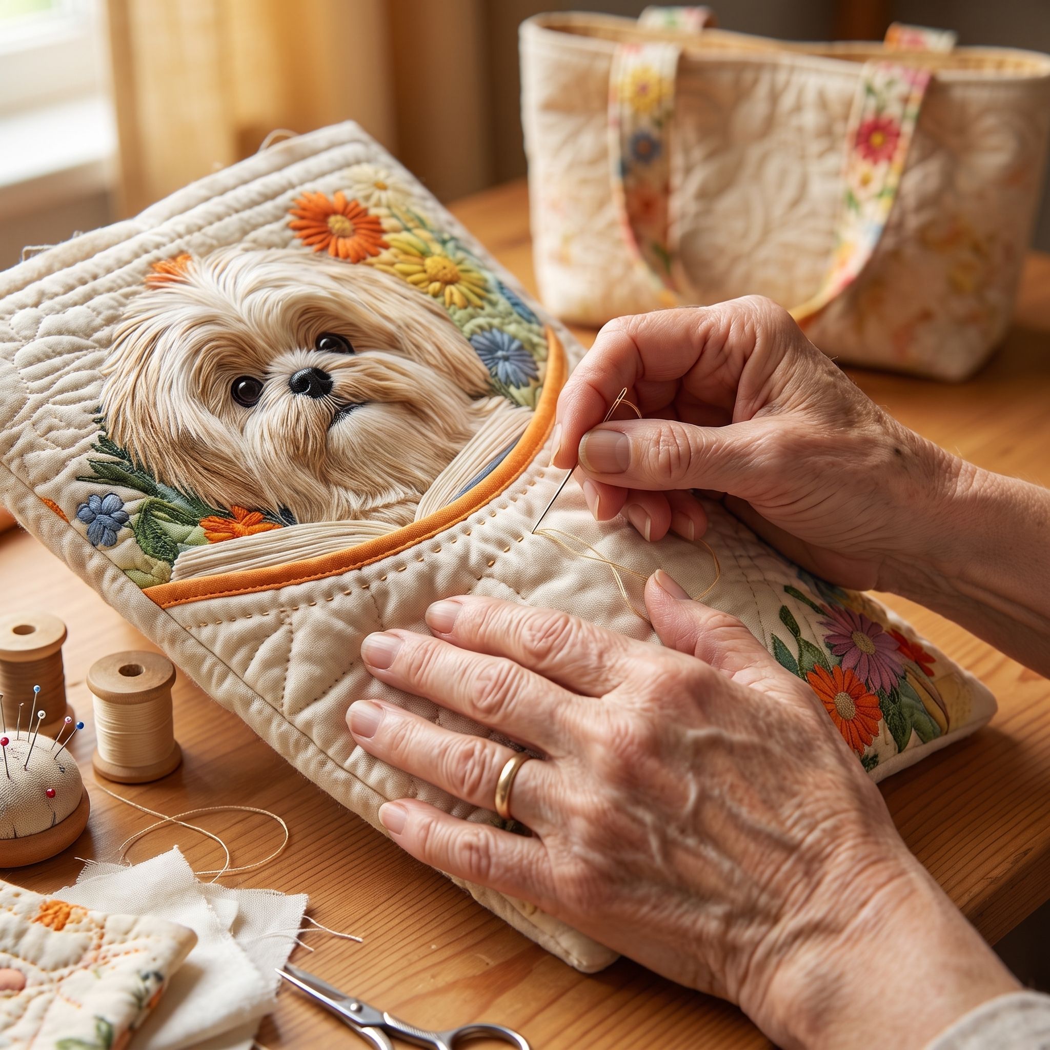 Shih Tzu with Books and Flowers Artisan Quilted Bag