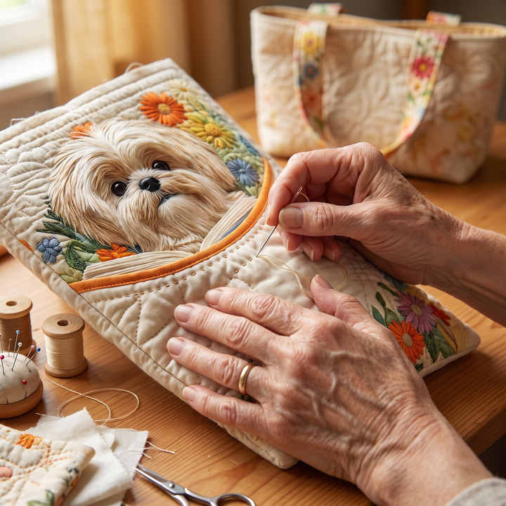 Shih Tzu with Books and Flowers Artisan Quilted Bag