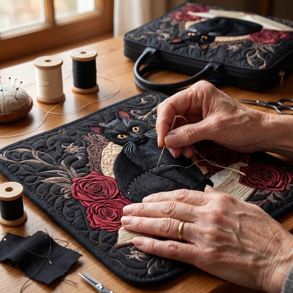 Black Cat on Books Artisan Quilted Bag