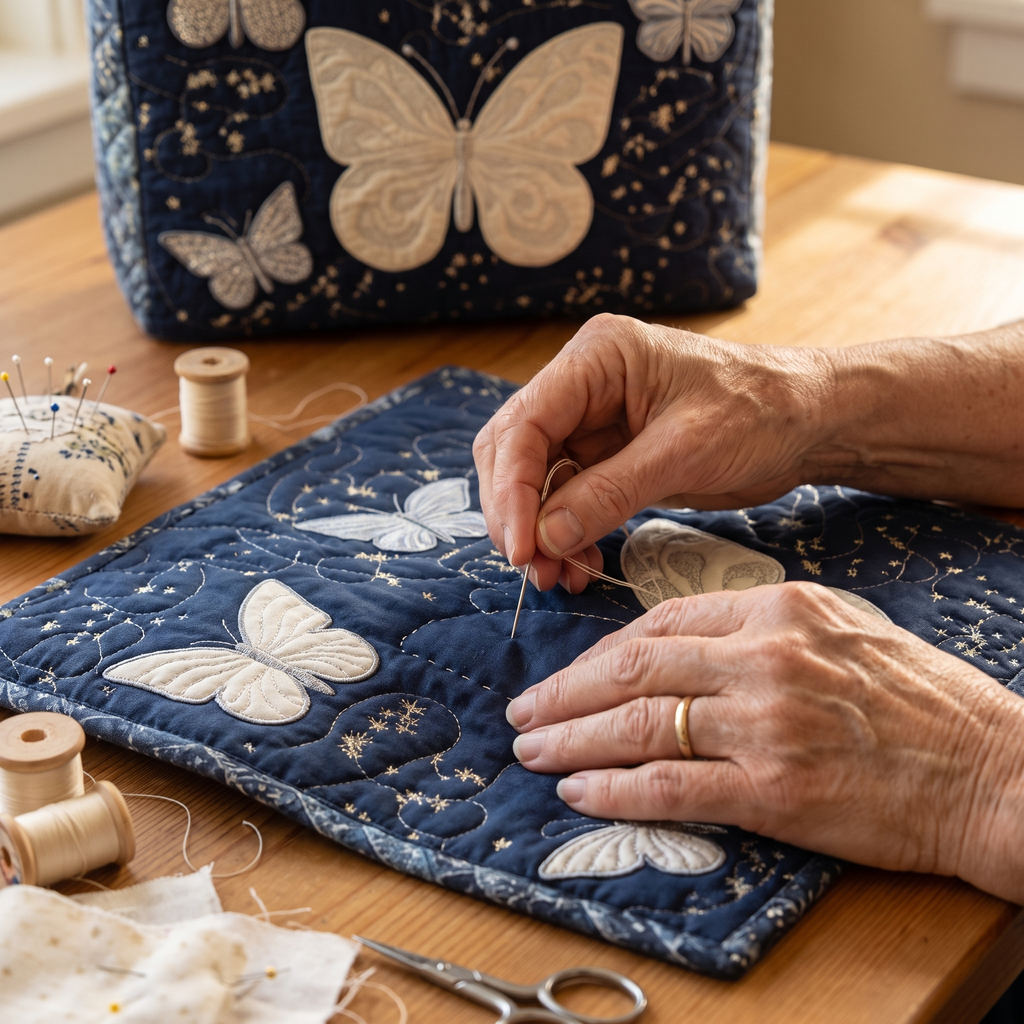 Silver Butterfly Artisan Quilted Bag