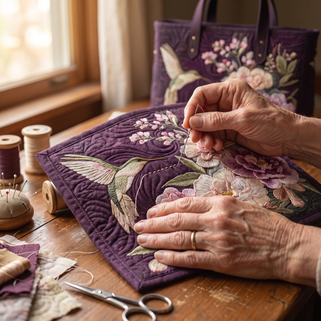 Hummingbirds and Orchids Artisan Quilted Bag