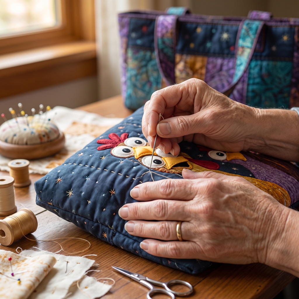 Five Colorful Chickens Artisan Quilted Bag