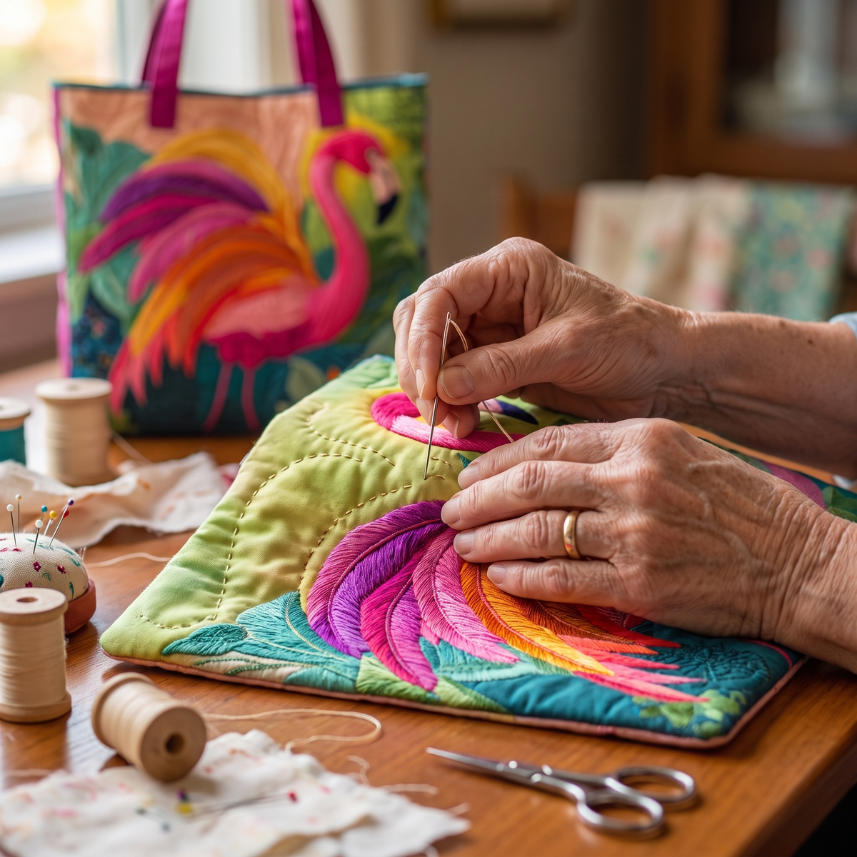 Rainbow Flamingo Artisan Quilted Bag