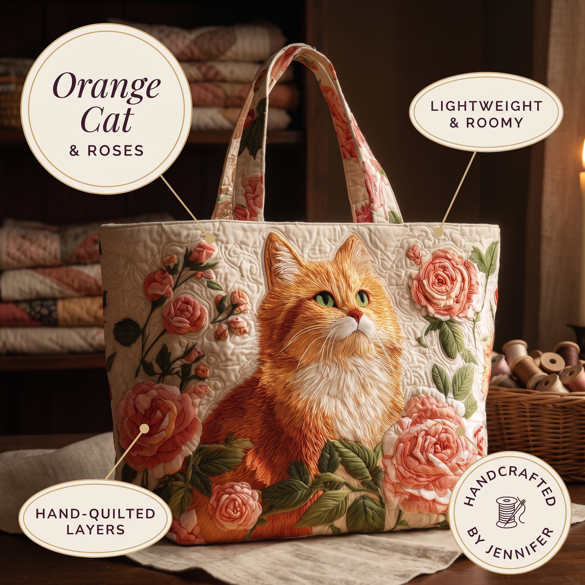 Orange Cat with Roses Artisan Quilted Bag