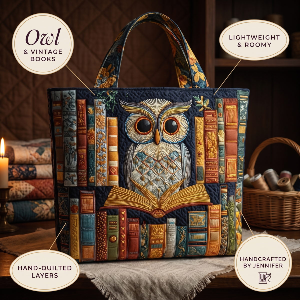 Owl and Vintage Books Artisan Quilted Bag