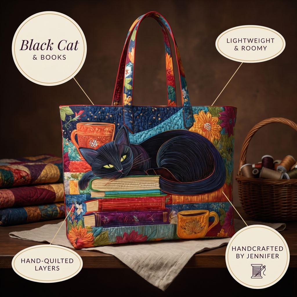 Black Cat with Books and Mugs Artisan Quilted Bag