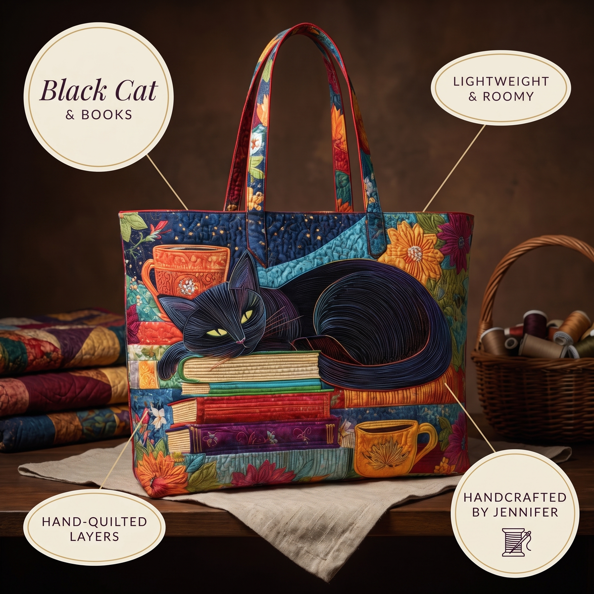 Black Cat with Books and Mugs Artisan Quilted Bag