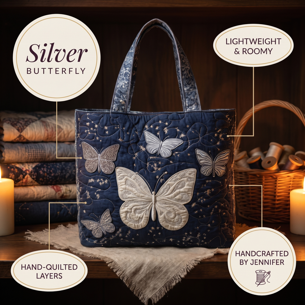 Silver Butterfly Artisan Quilted Bag