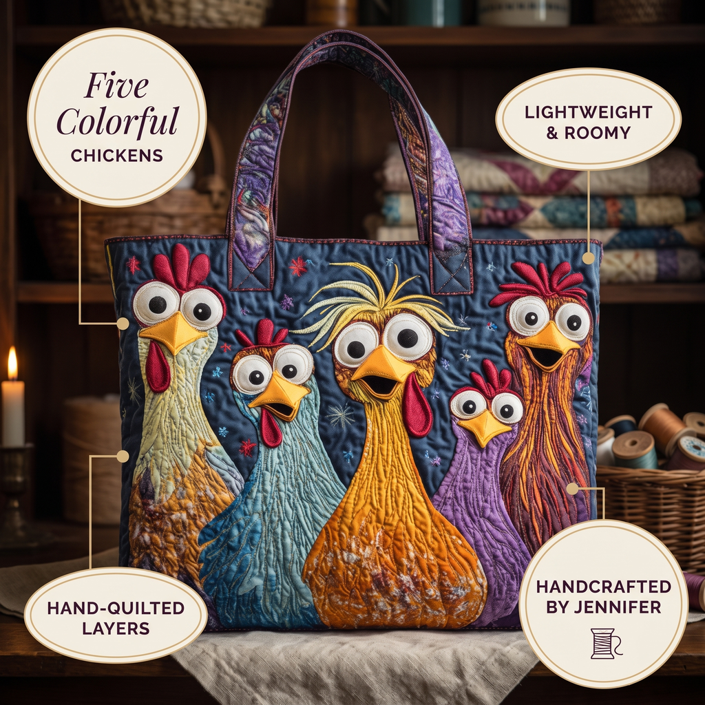 Five Colorful Chickens Artisan Quilted Bag