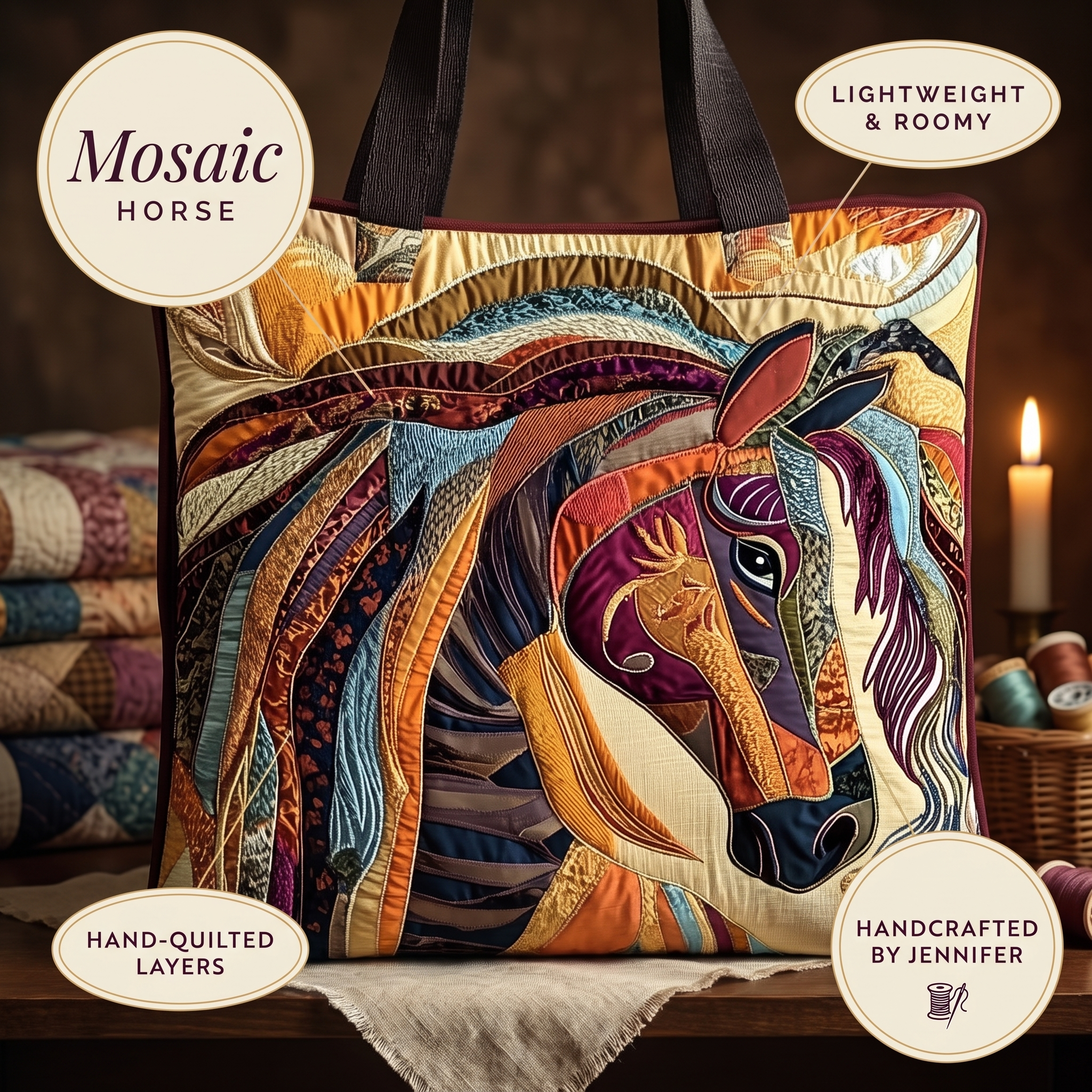 Multicolored Mosaic Horse Artisan Quilted Bag