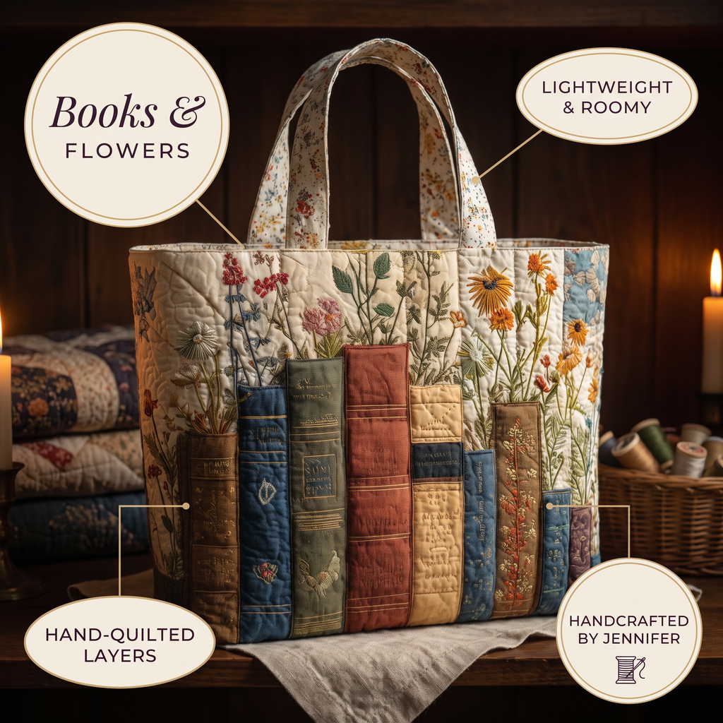 Books and Flowers Artisan Quilted Bag
