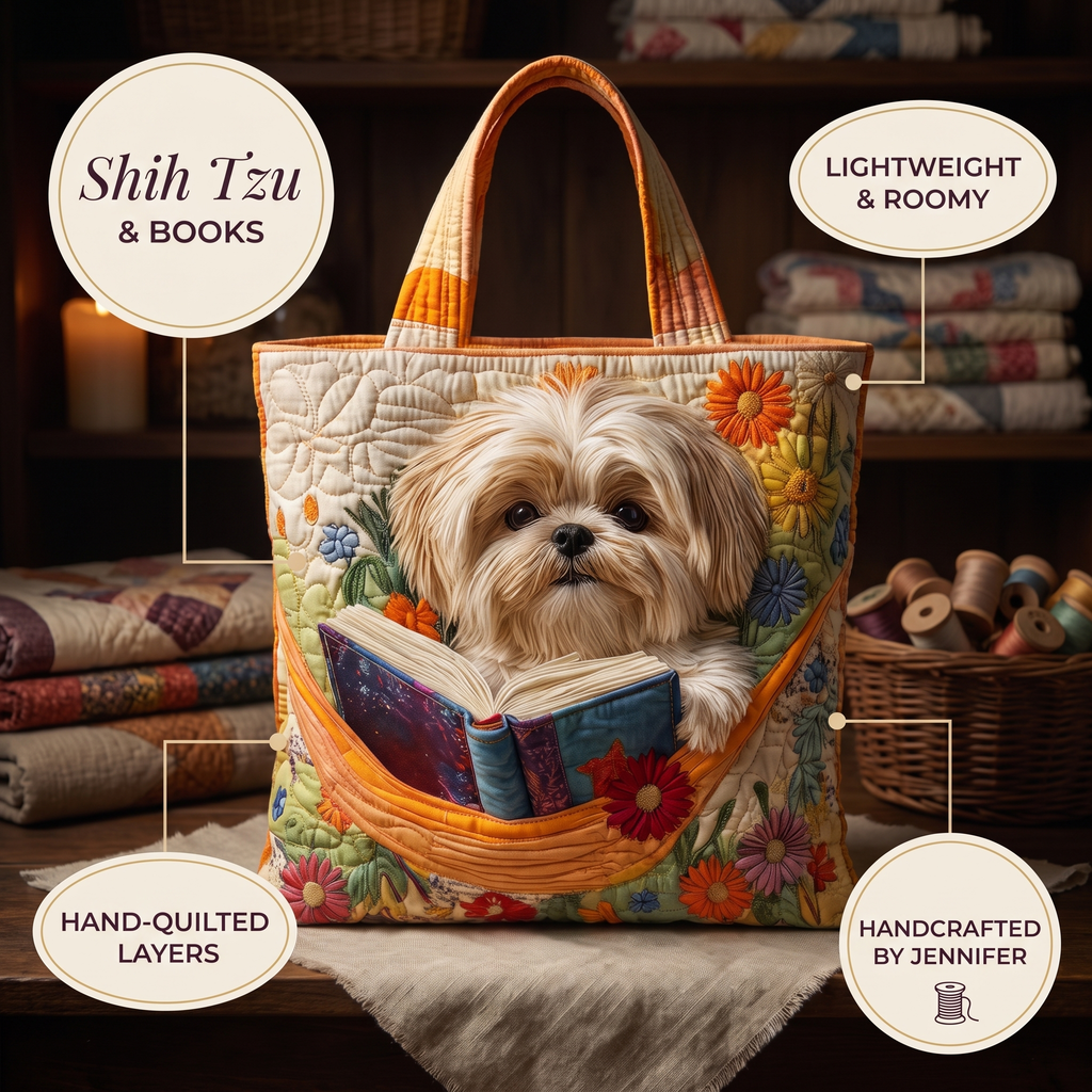 Shih Tzu with Books and Flowers Artisan Quilted Bag