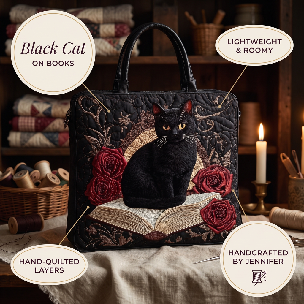 Black Cat on Books Artisan Quilted Bag