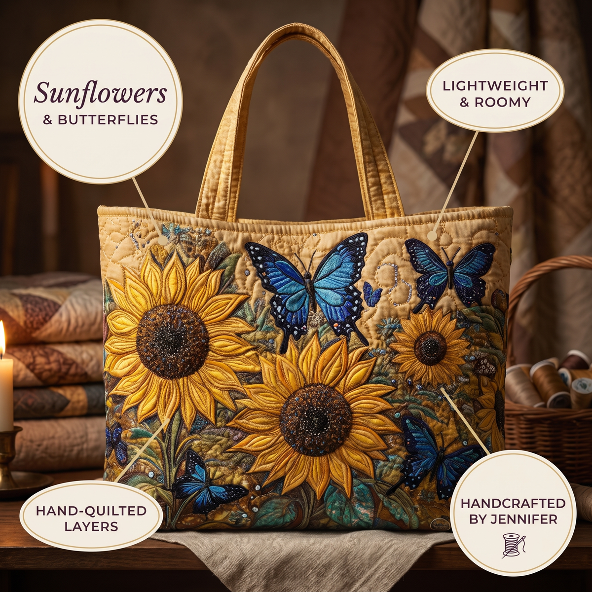 Sunflowers and Blue Butterflies Artisan Quilted Bag