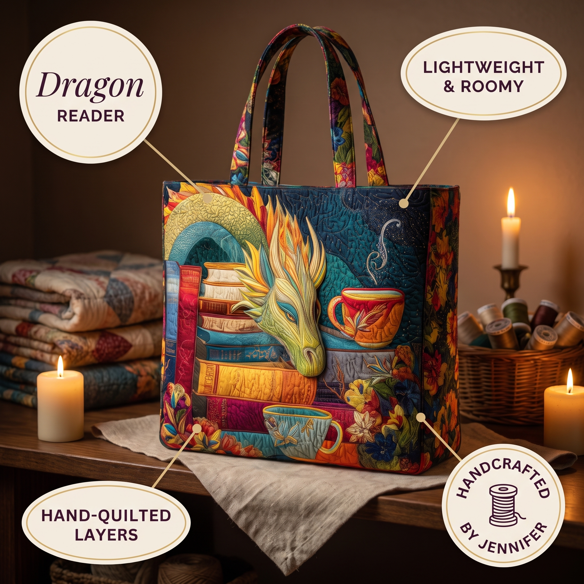 Dragon Reader with Books and Mugs Artisan Quilted Bag
