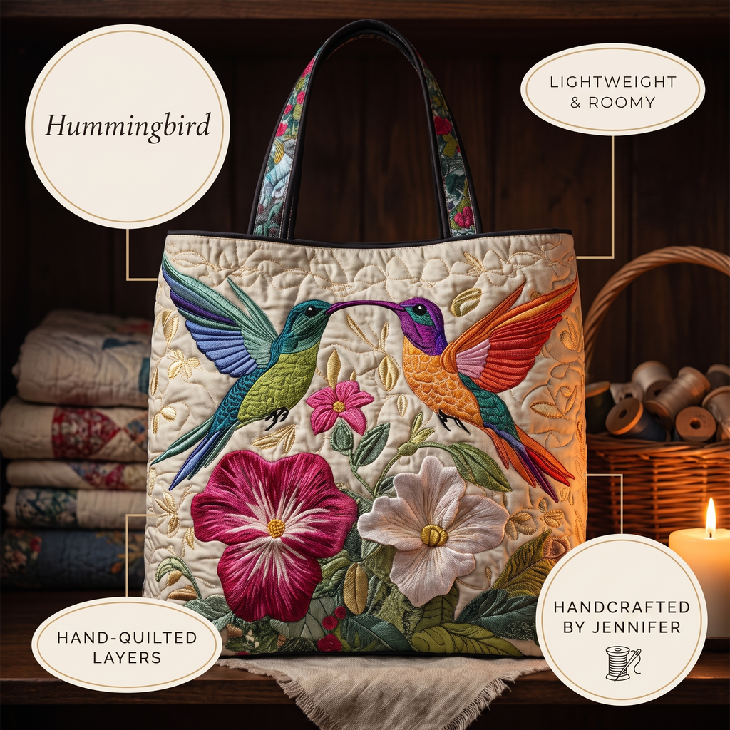 Hummingbird and White Flowers Artisan Quilted Bag