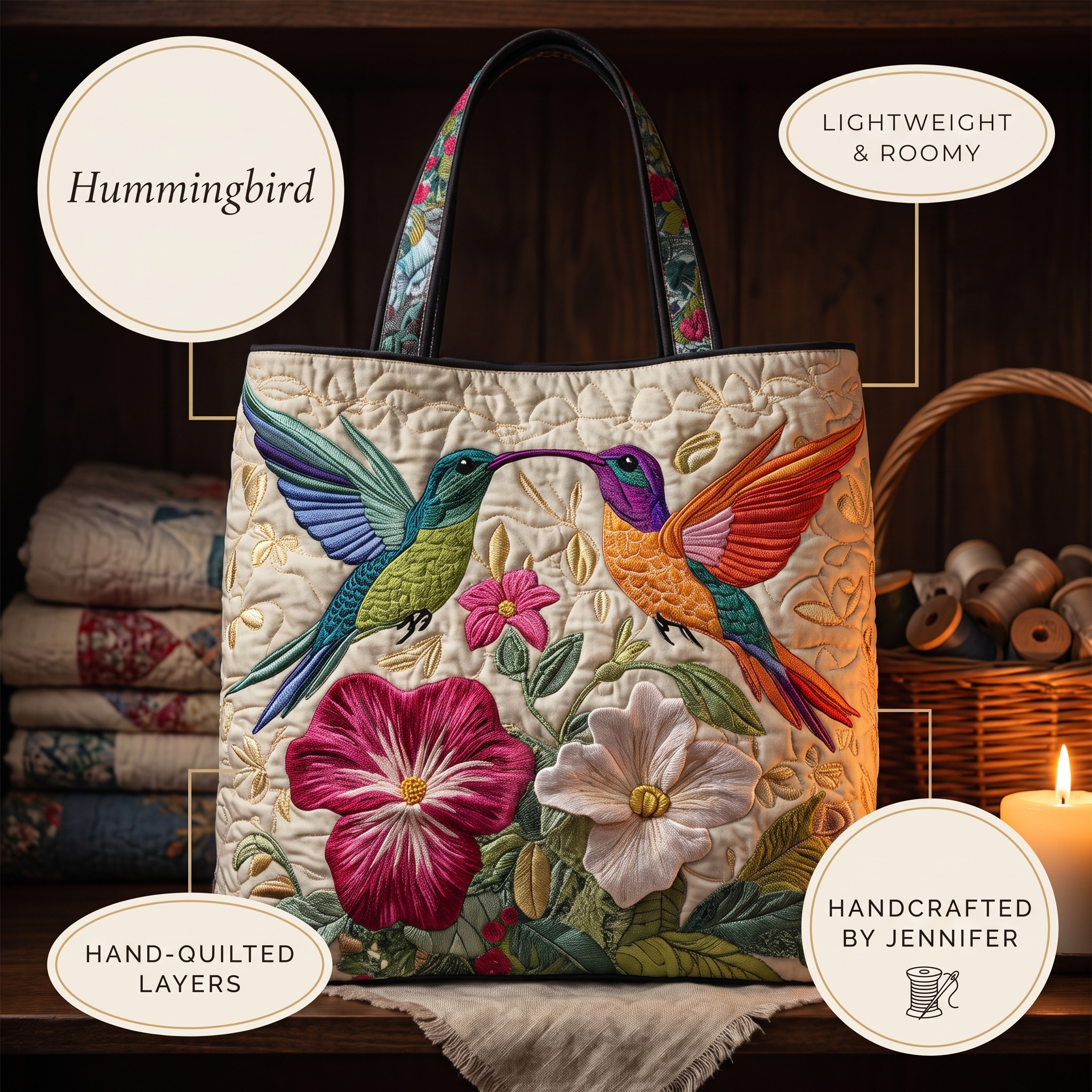 Hummingbird and White Flowers Artisan Quilted Bag
