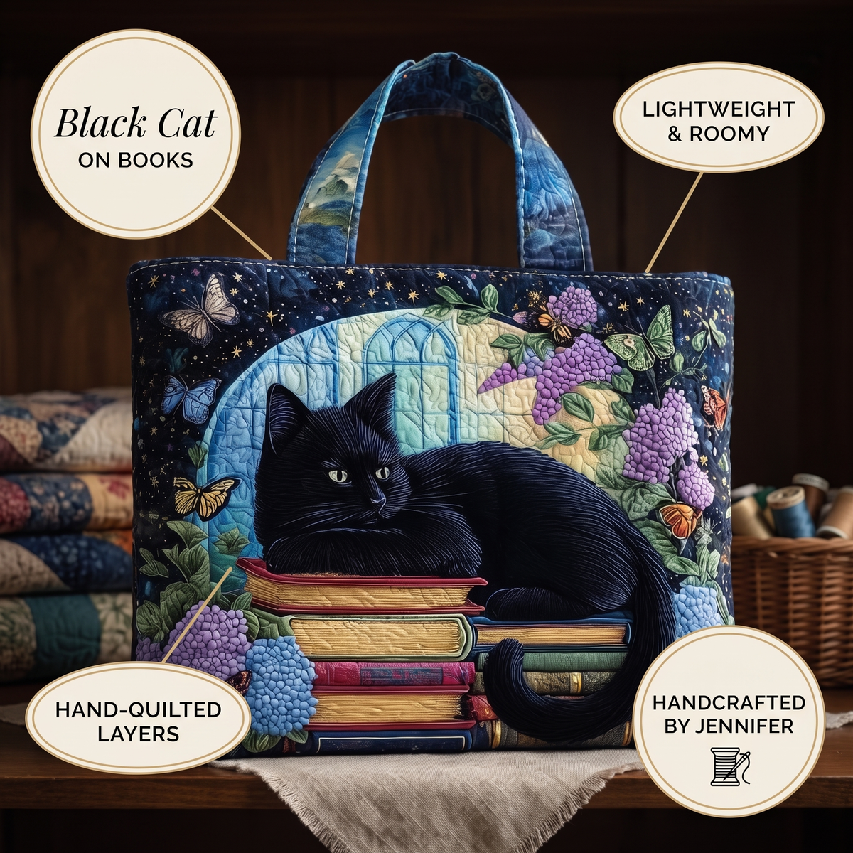 Black Cat on Books Artisan Quilted Bag