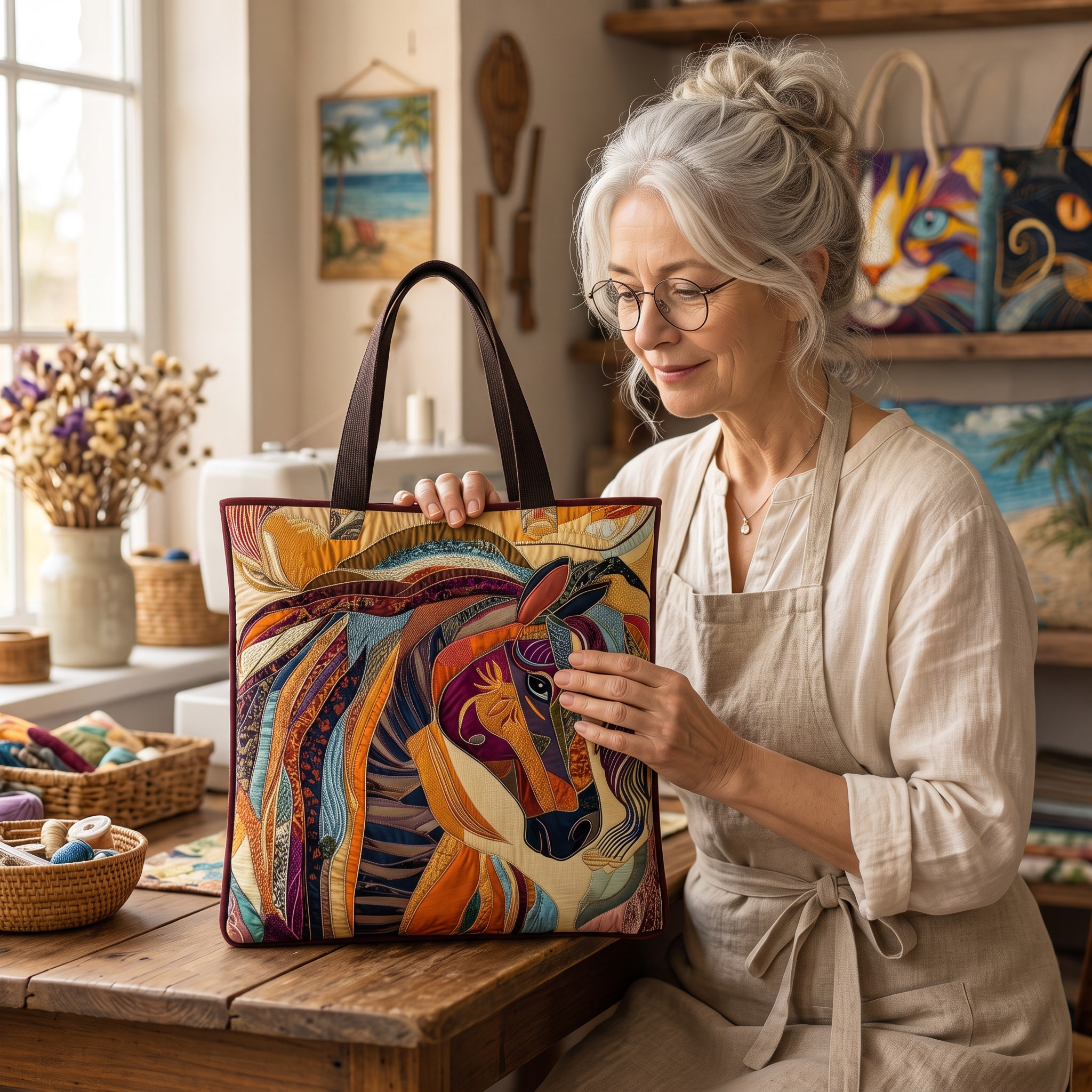 Multicolored Mosaic Horse Artisan Quilted Bag