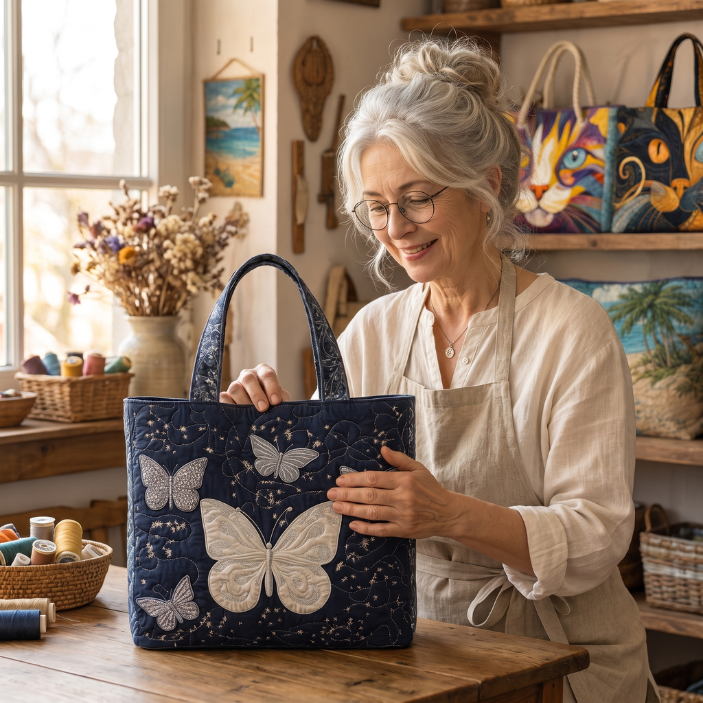 Silver Butterfly Artisan Quilted Bag