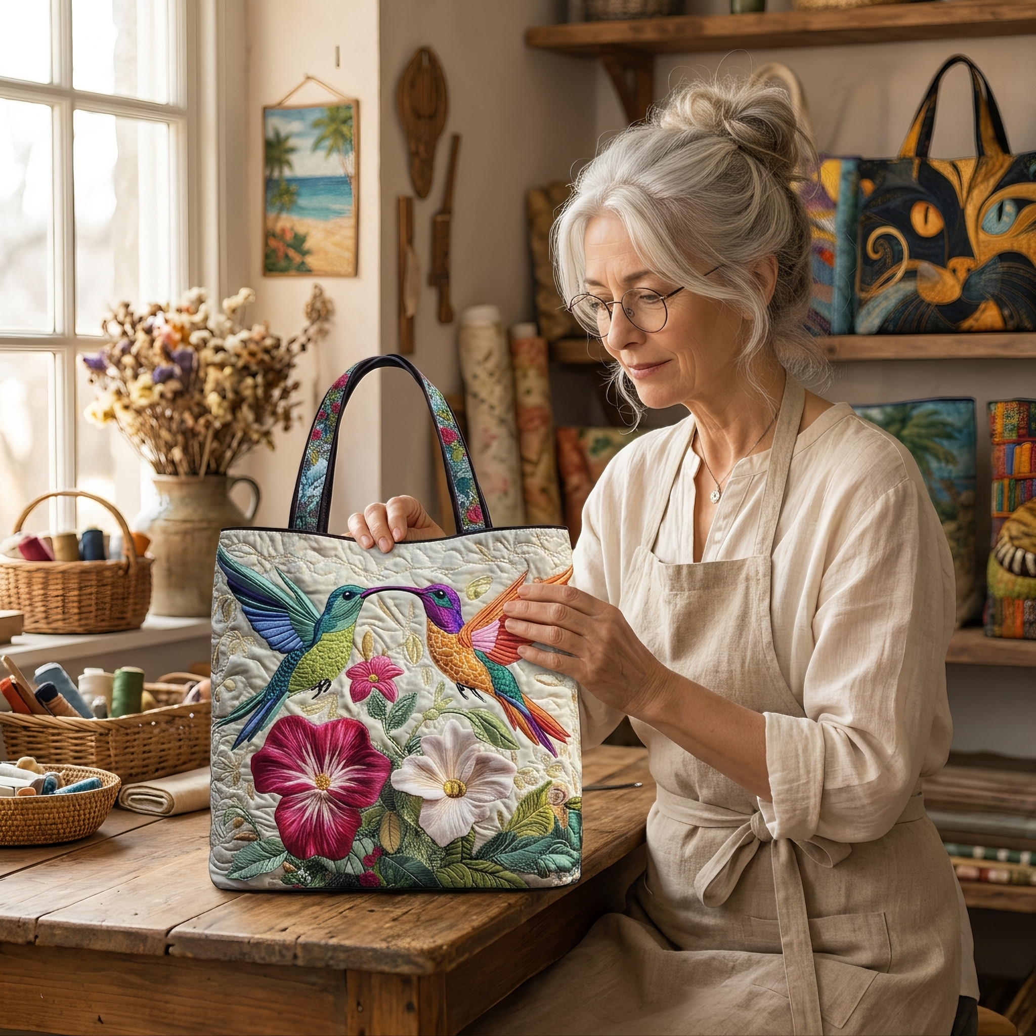 Hummingbird and White Flowers Artisan Quilted Bag