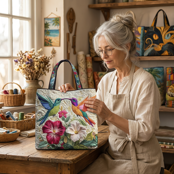 Hummingbird and White Flowers Artisan Quilted Bag