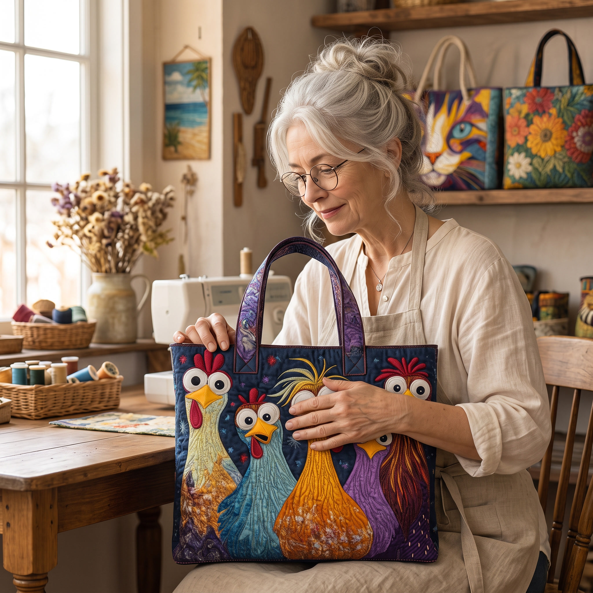 Five Colorful Chickens Artisan Quilted Bag
