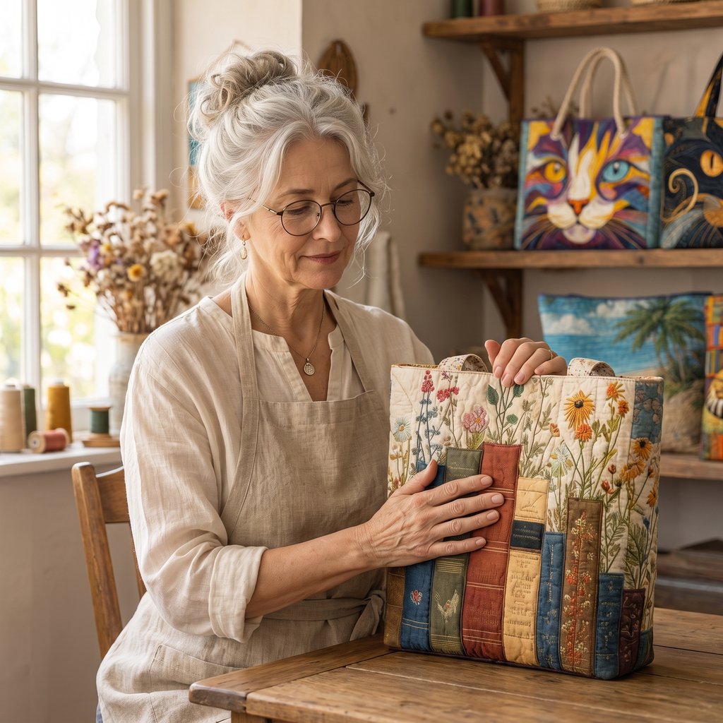 Books and Flowers Artisan Quilted Bag
