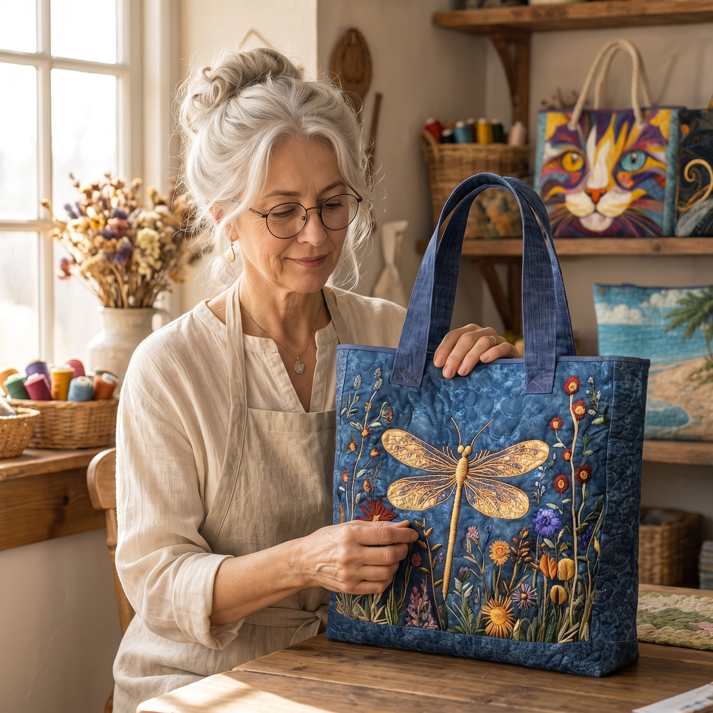 Golden Dragonfly Artisan Quilted Bag